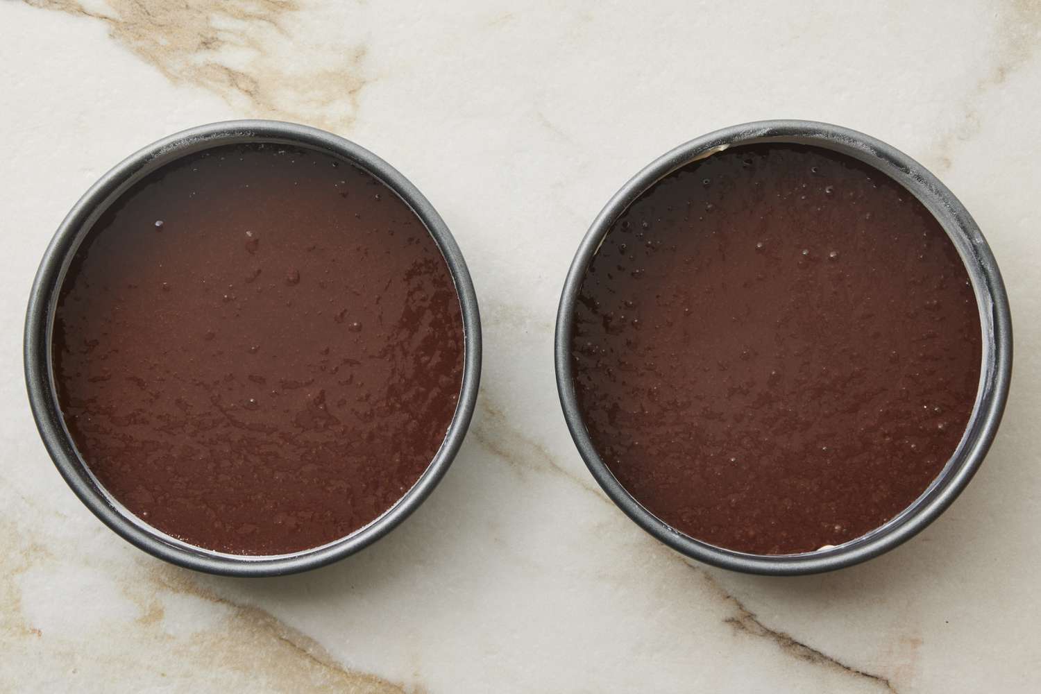 Batter for one bowl chocolate cake in pans