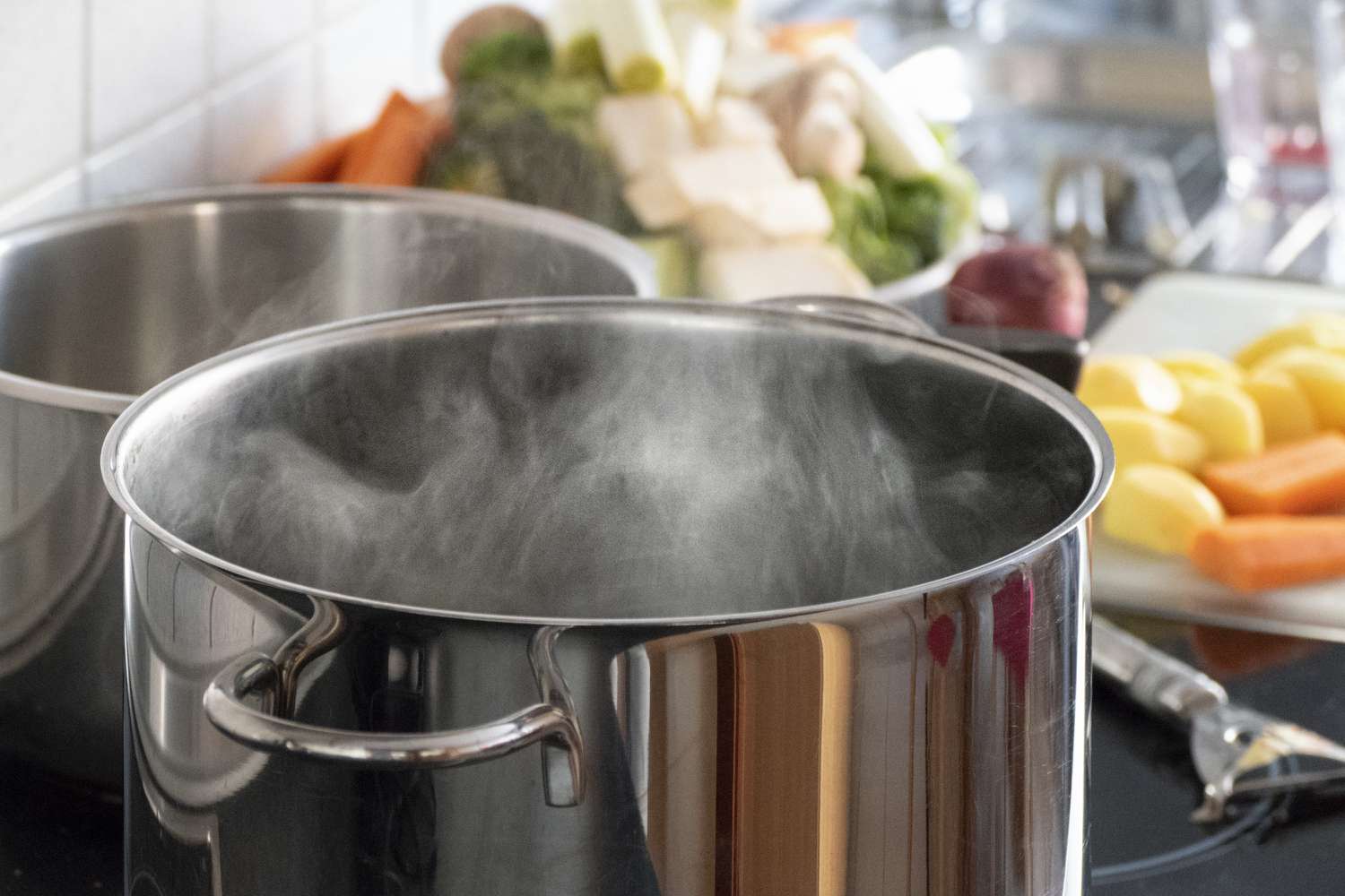 Blanching vegetables in big cooking pot