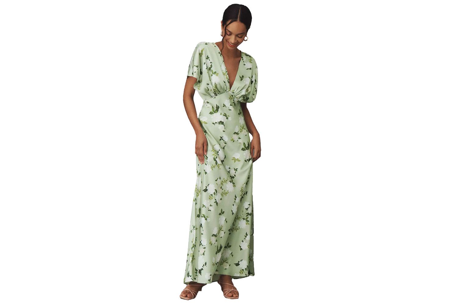 BHLDN Leila Deep-V Flutter-Sleeve Satin A-Line Gown