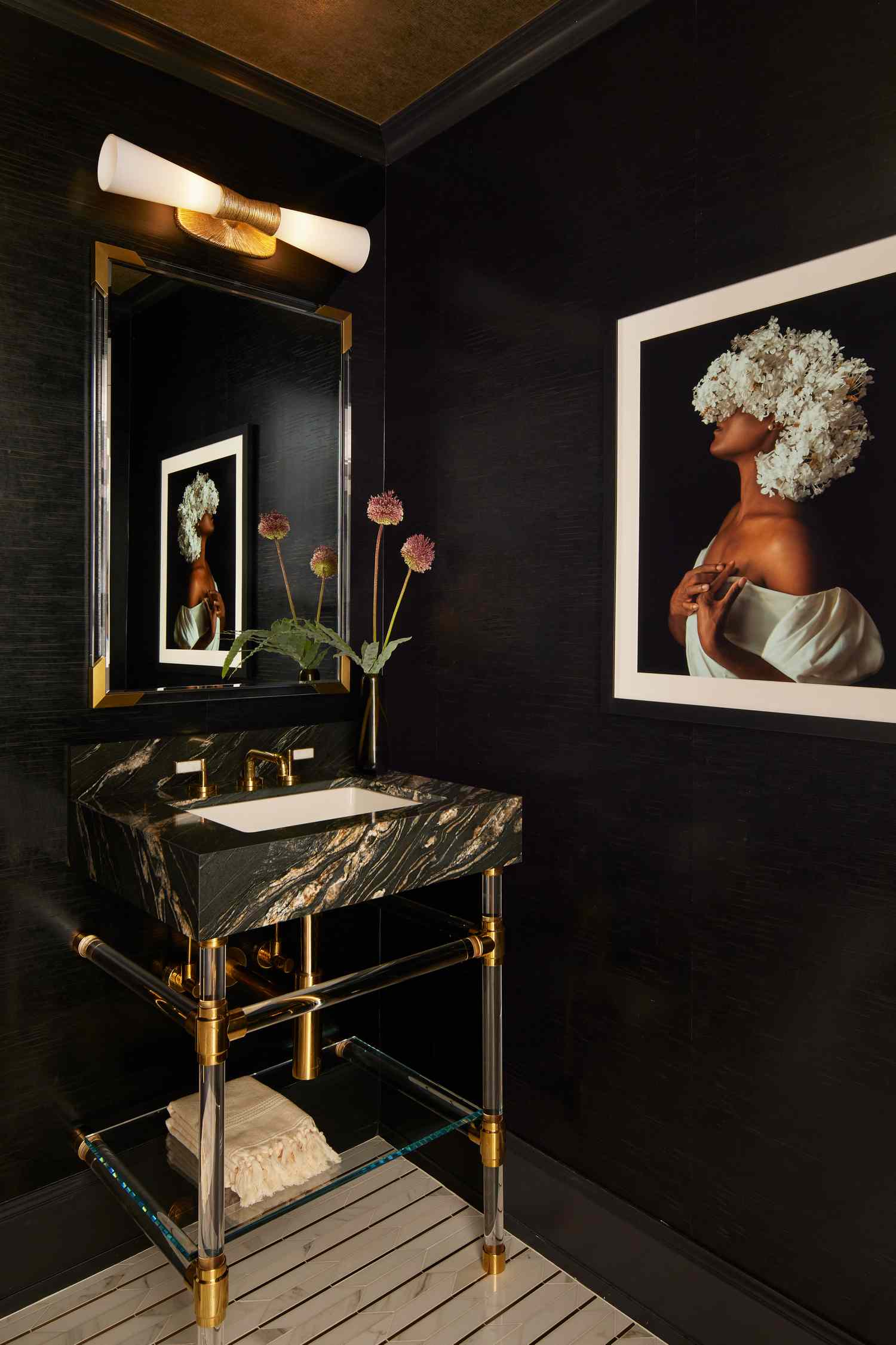 black and marble hollywood glamour jewel box bathroom