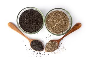 Two bowls and two wooden spoons with black and white chia seeds