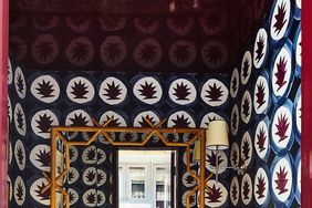 vibrantly decorated powder room with blue and burgundy wallpaper