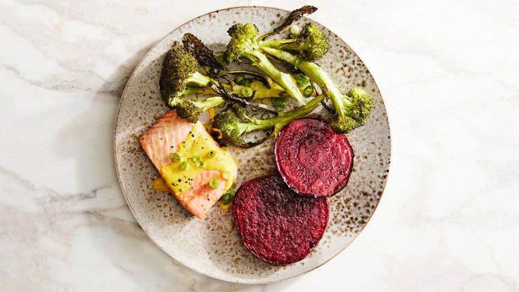 seared beets with turmeric-tahini broccoli and salmon