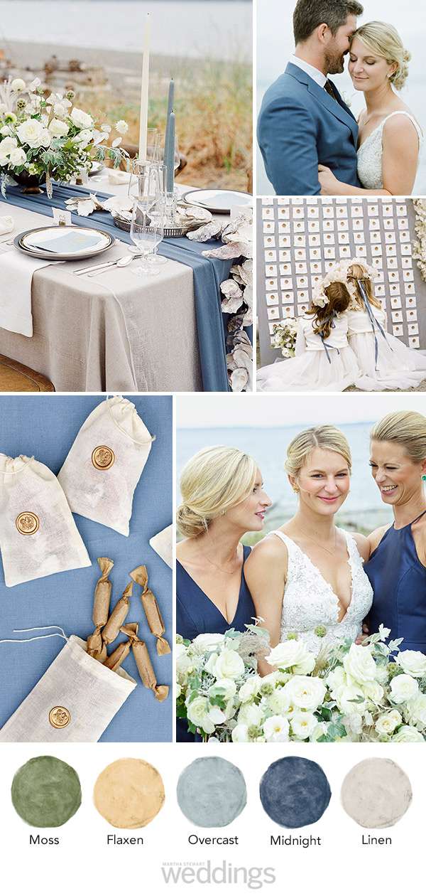 wedding color palette mood board moss, flaxen, overcast, midnight, linen