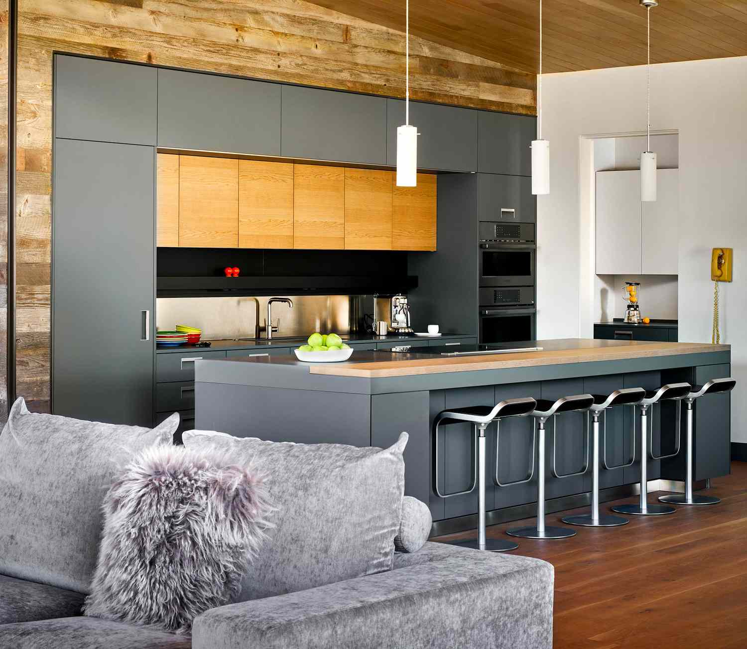 kitchen with wood floors and walls and ceiling