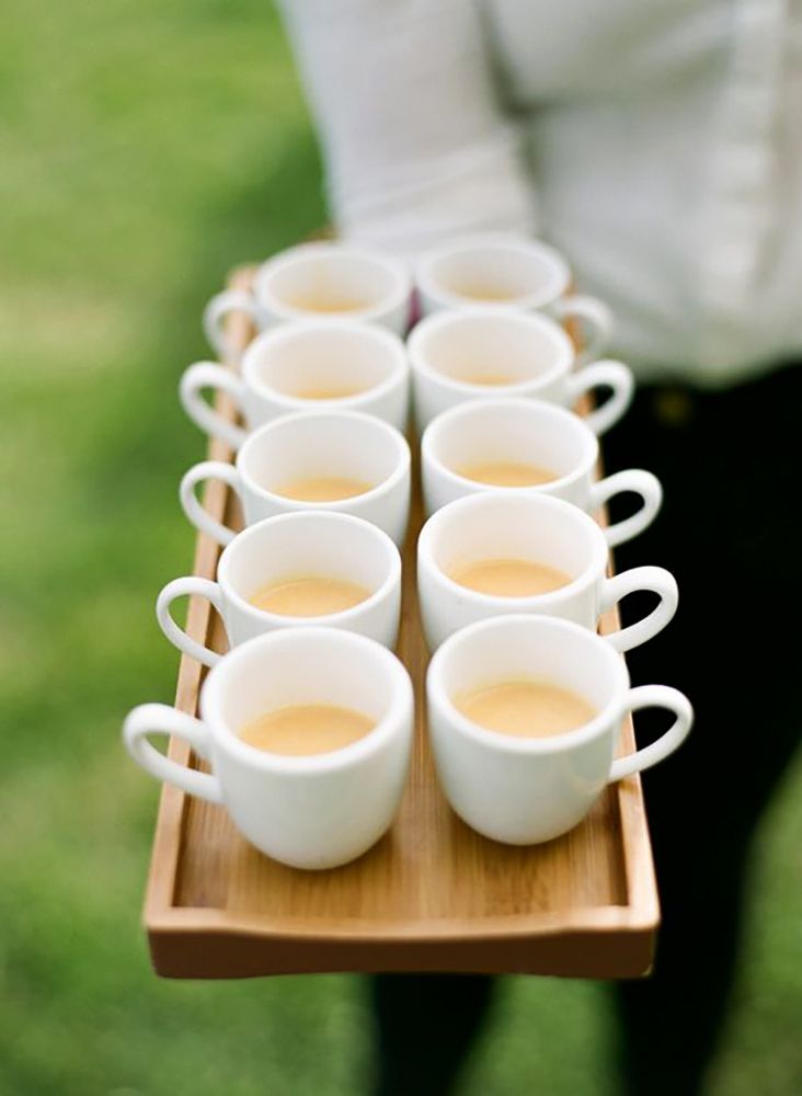 coffee wedding ideas tray of small white coffee mugs