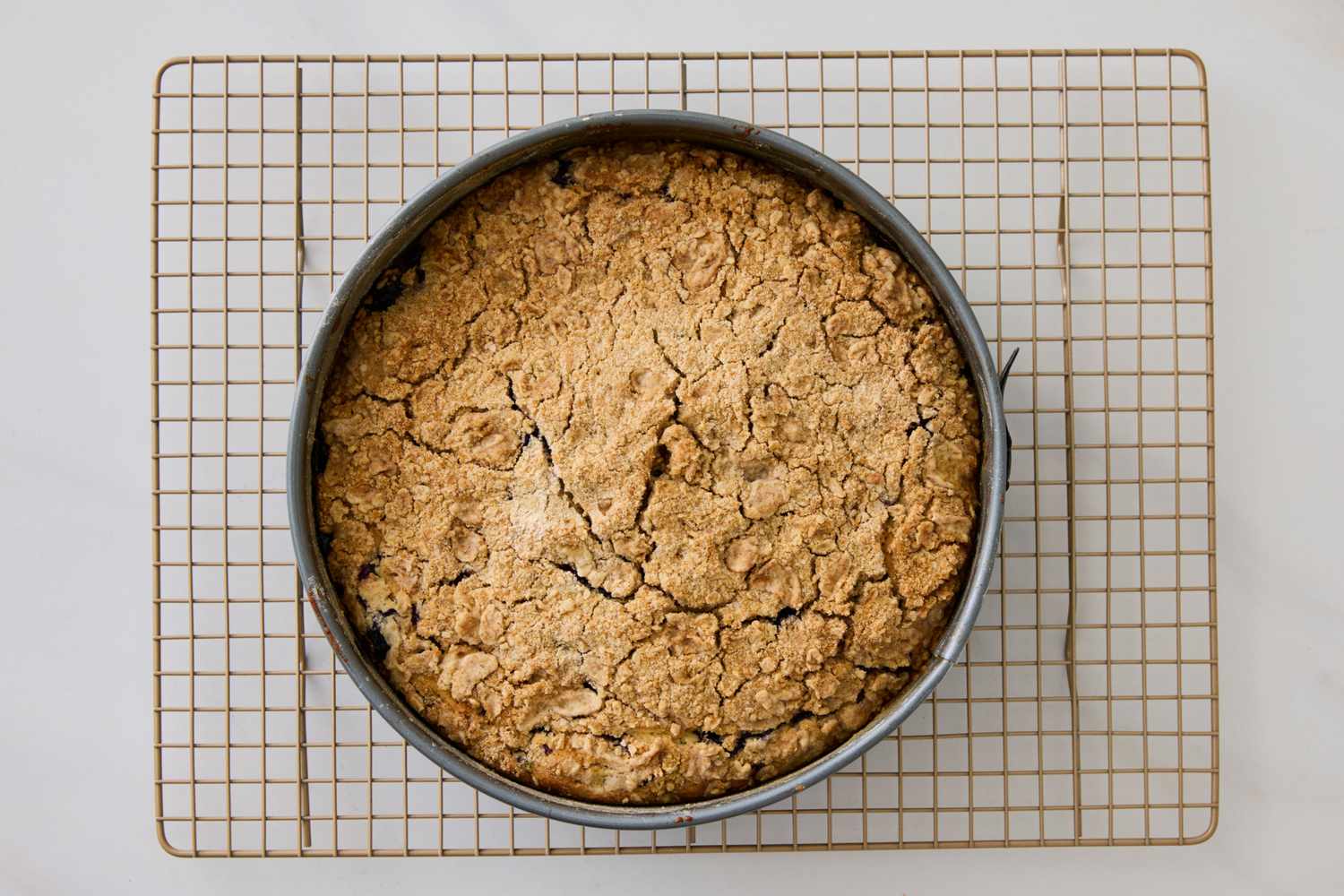 Blueberry buckle in a baking pan resting on a cooling rack