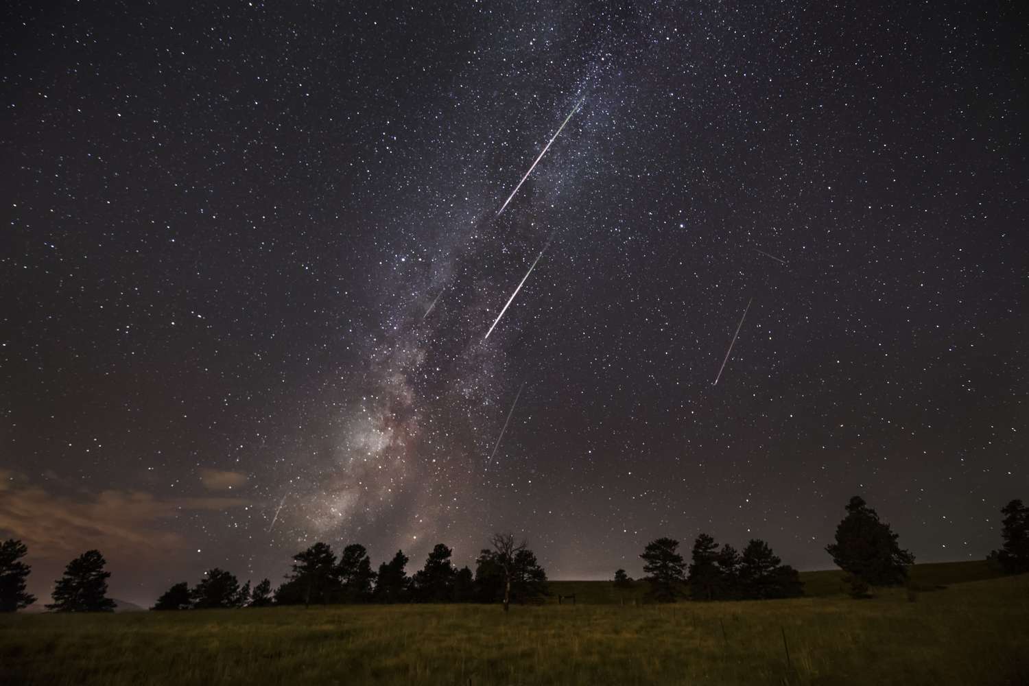 A night sky with a meteor shower and the Milky Way observed above a silhouetted landscape with trees