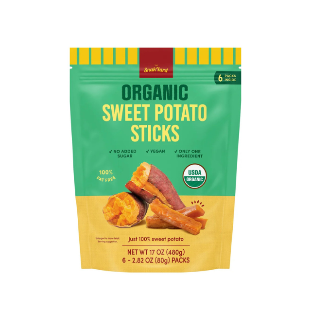 Bag of organic sweet potato sticks labeled USDA Organic and showcasing the product on the packaging