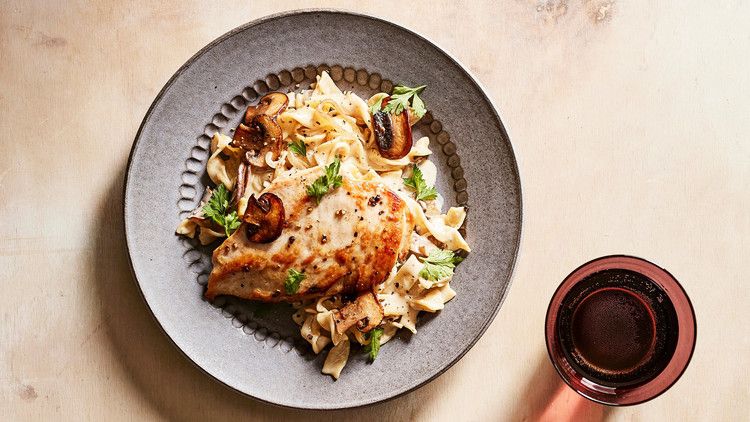 creamy chicken and mushrooms with egg noodles