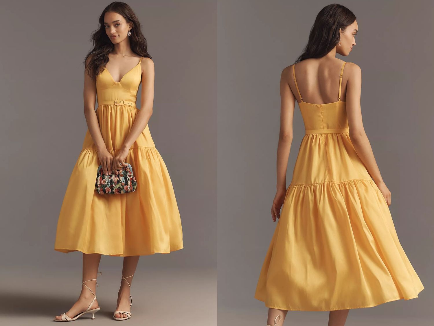 A woman modeling a yellow sleeveless tiered dress with a modest Vneck and sandals seen from the front and back angles holding a small purse