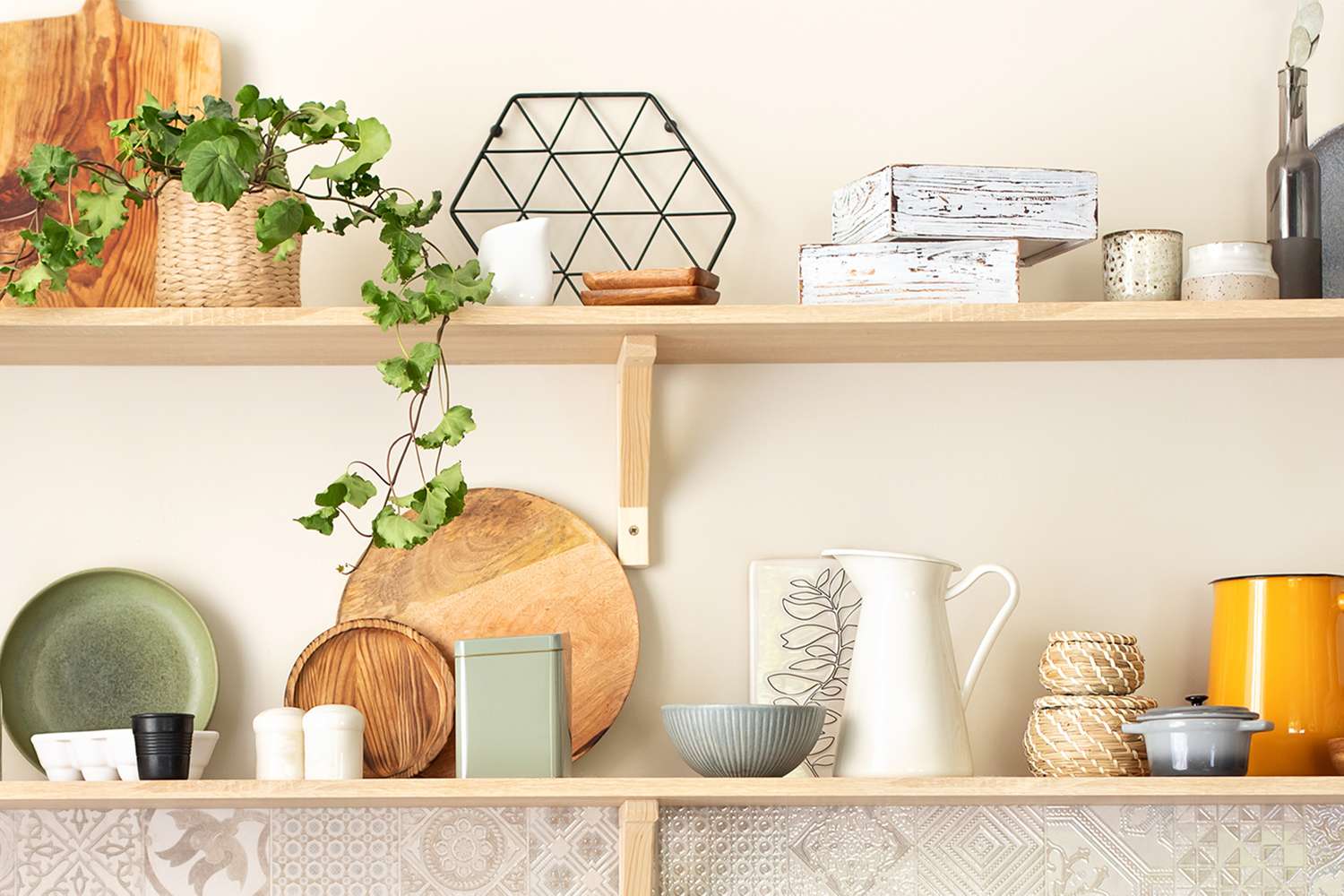 Kitchen shelves with plates, plants, decor