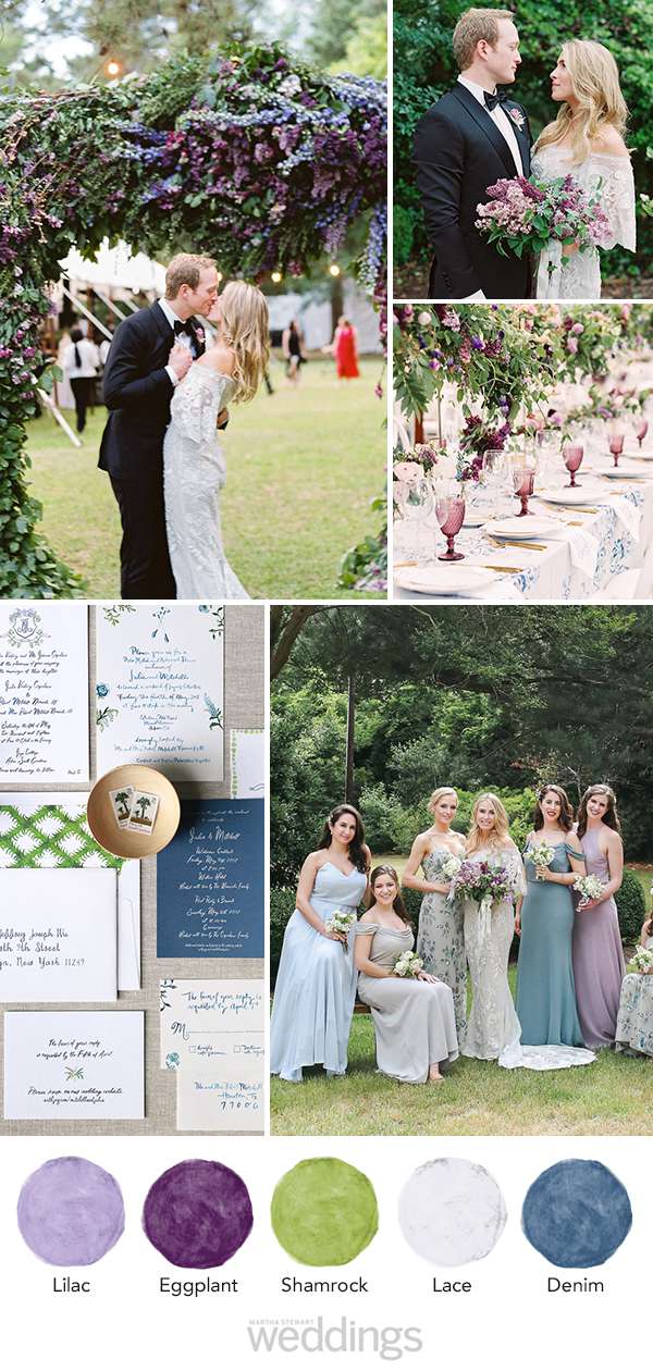 wedding color palette mood board lilac, eggplant, shamrock, lace, denim