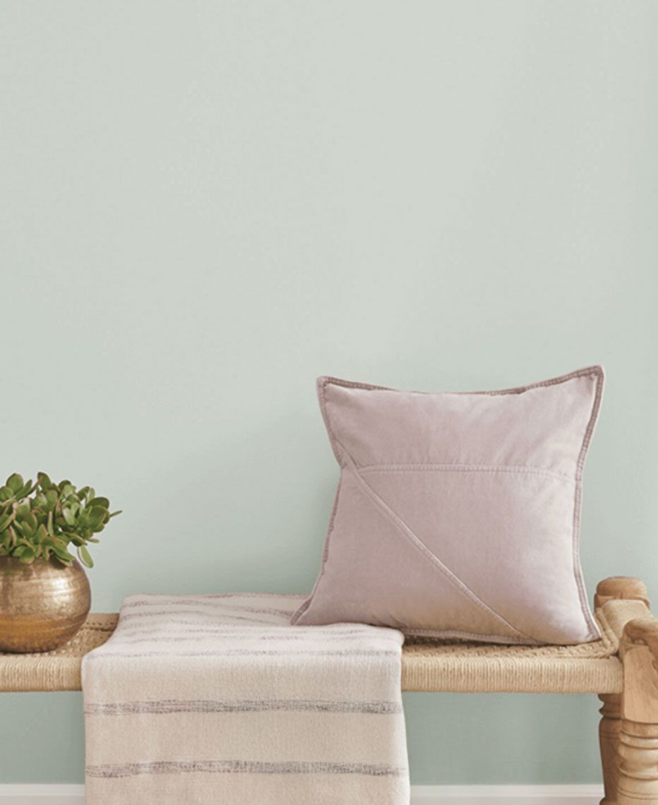 A neatly arranged bench with a cushion a small blanket and a potted plant on top