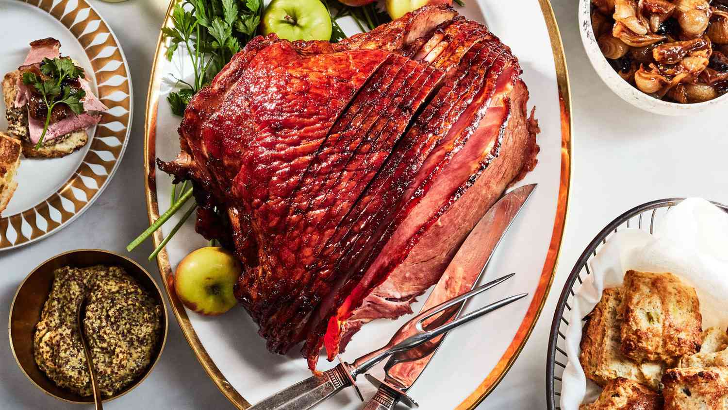 pomegranate glazed ham with jammy cipollinis