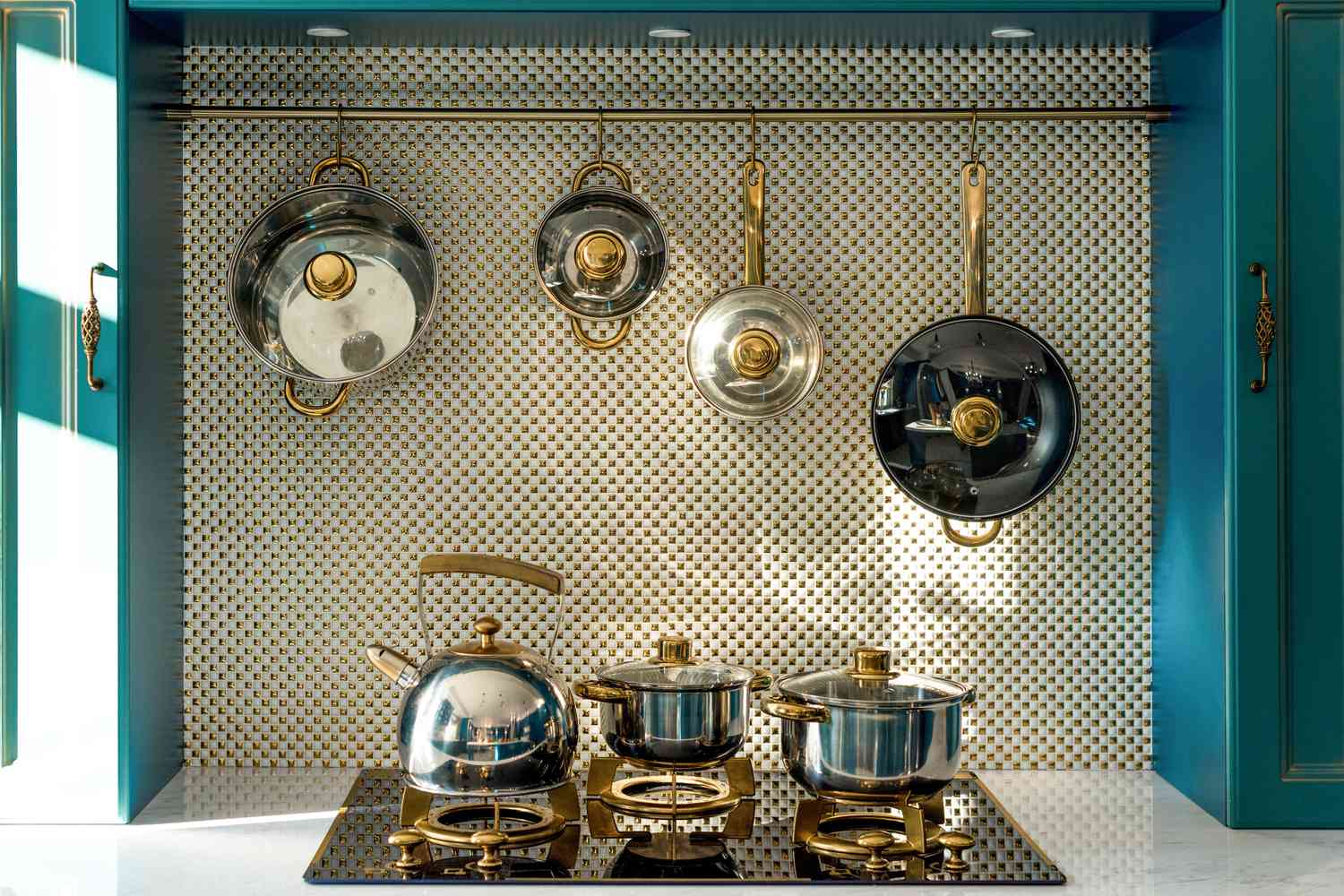 pots and pans above stove