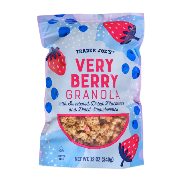A package of Trader Joes Very Berry Granola a blend of dried blueberries and strawberries