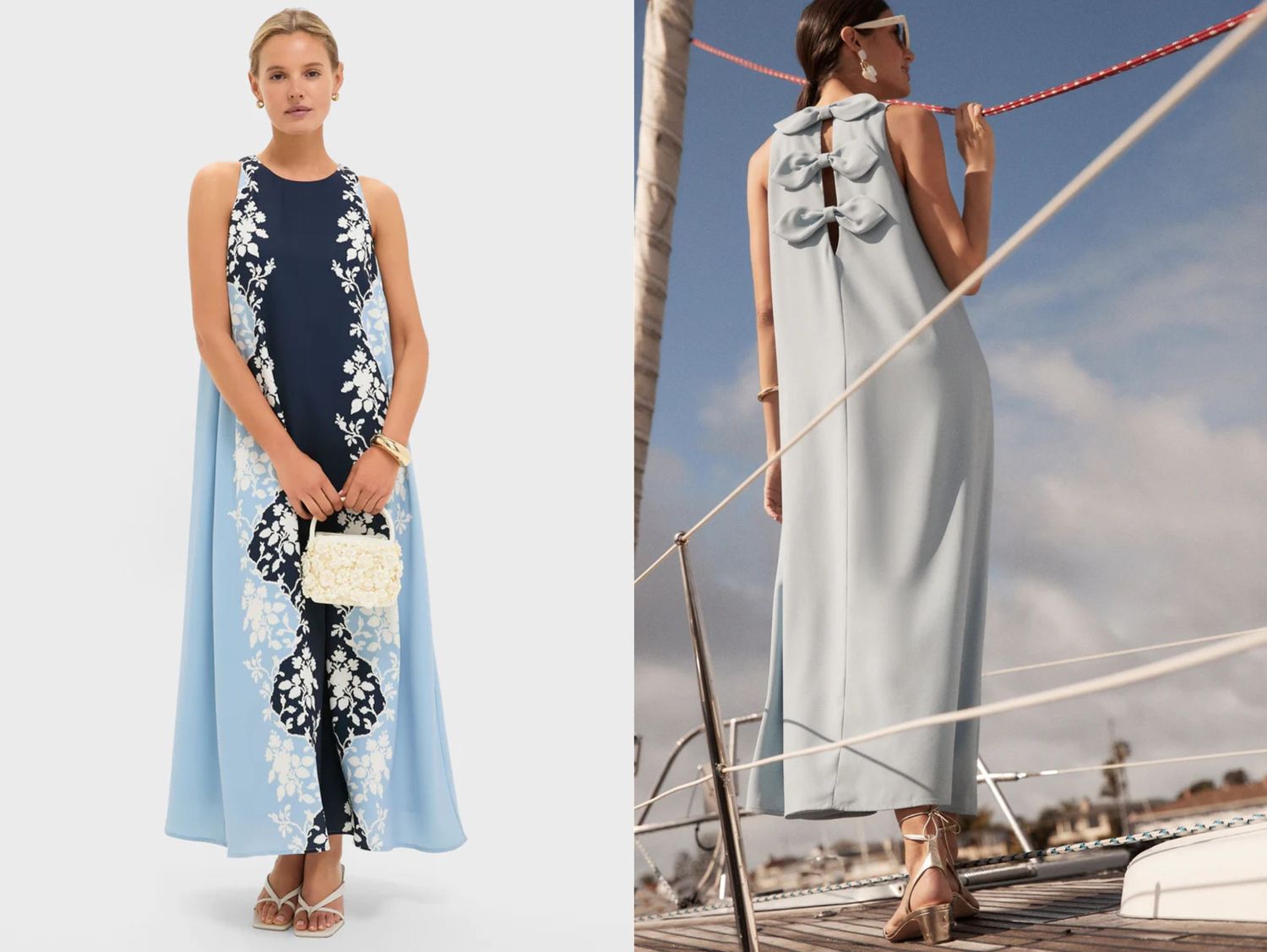 Two images showing a person in a flowing sleeveless dress front and back views standing on a white background and near a dock