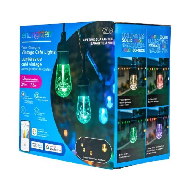 Packaging for colorchanging cafstyle string lights showcasing the product lit in various colors and configurations