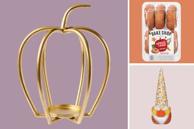 A decorative pumpkinshaped holder a pack of apple ciderflavored donuts and a festive gnome figurine