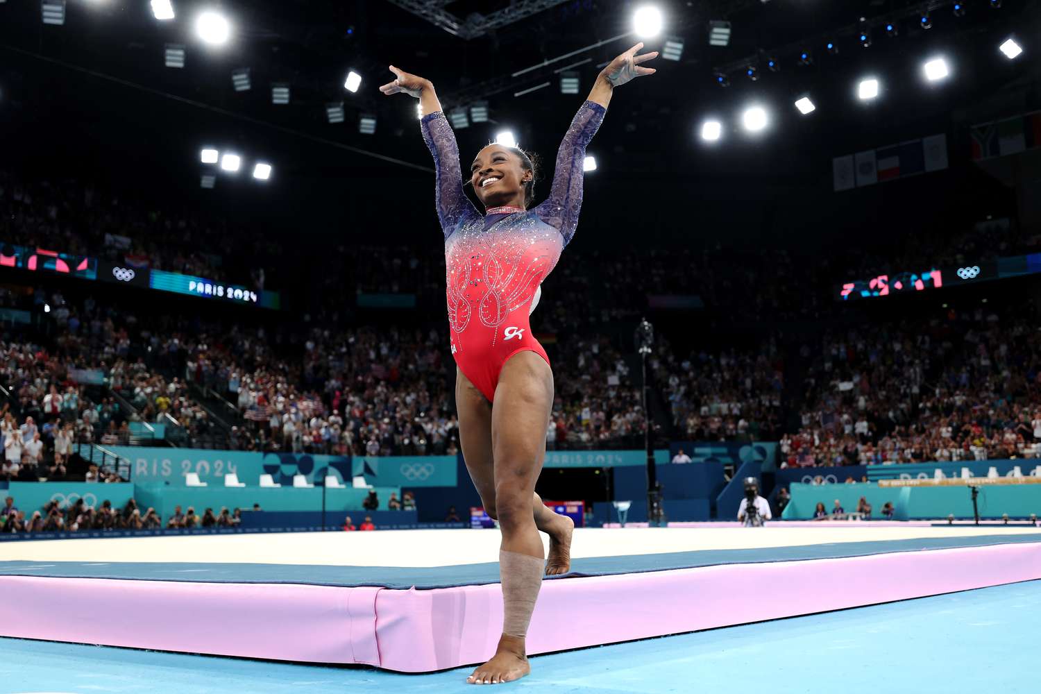 PARIS, FRANCE - AUGUST 05: Simone Biles of Team United States reacts after competing in the Artistic Gymnastics Women's Floor Exercise Final on day ten of the Olympic Games Paris 2024 at Bercy Arena on August 05, 2024 in Paris, France. (Photo by Naomi Baker/Getty Images)