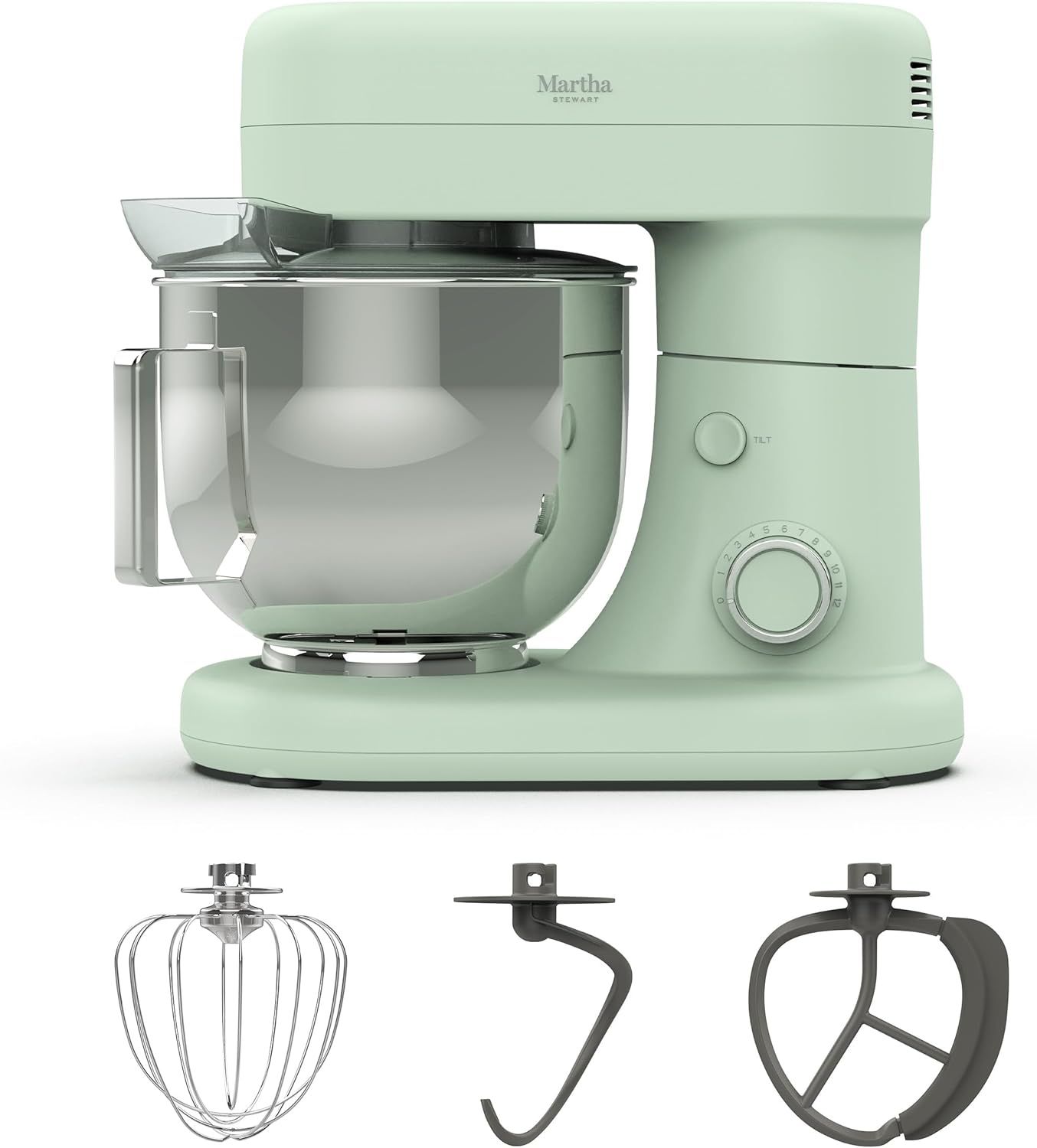 A stand mixer and its attachments including a wire whisk a dough hook and a paddle attachment