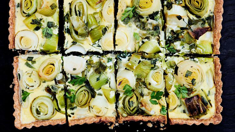 leek-and-goat-cheese tart sliced