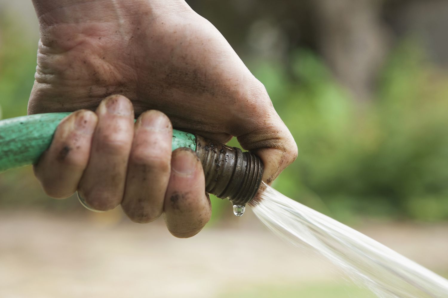 A closeup of a hand holding a hose with water flowing out
