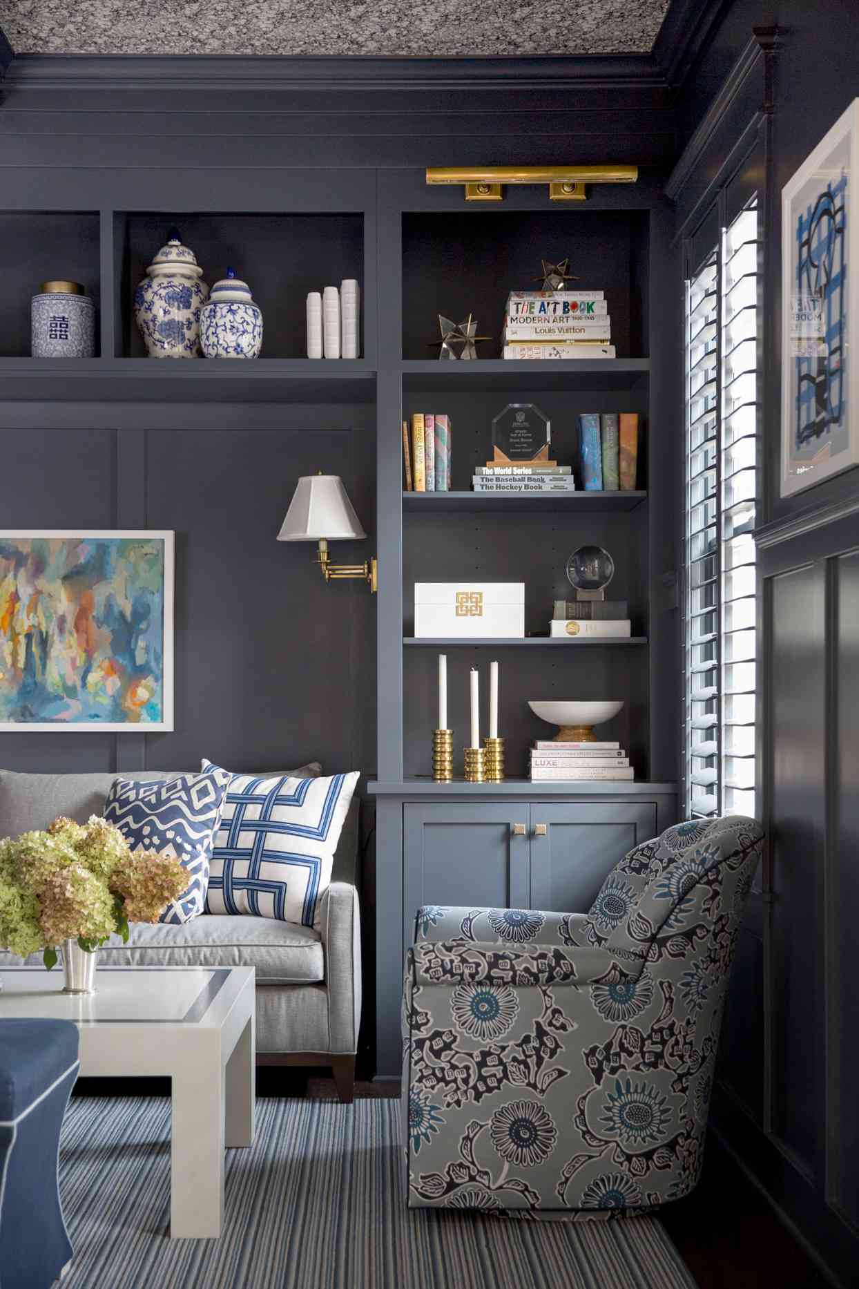 dark blue gray wall bookshelf
