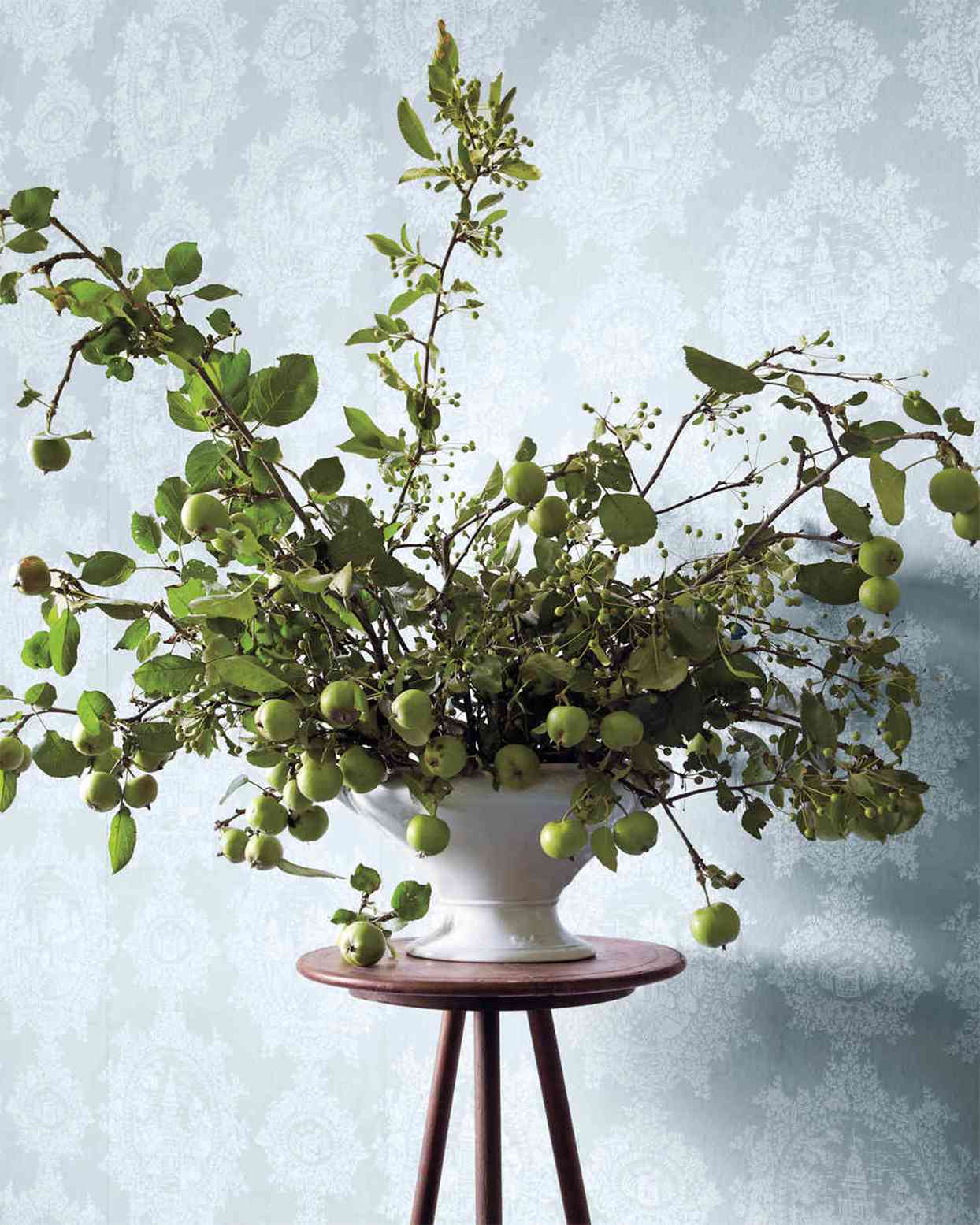 green apples and branches arranged in a white vase