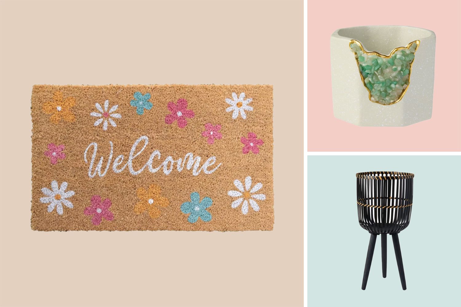 A welcome mat with floral pattern a decorative pot with green accents and a black plant stand with legs