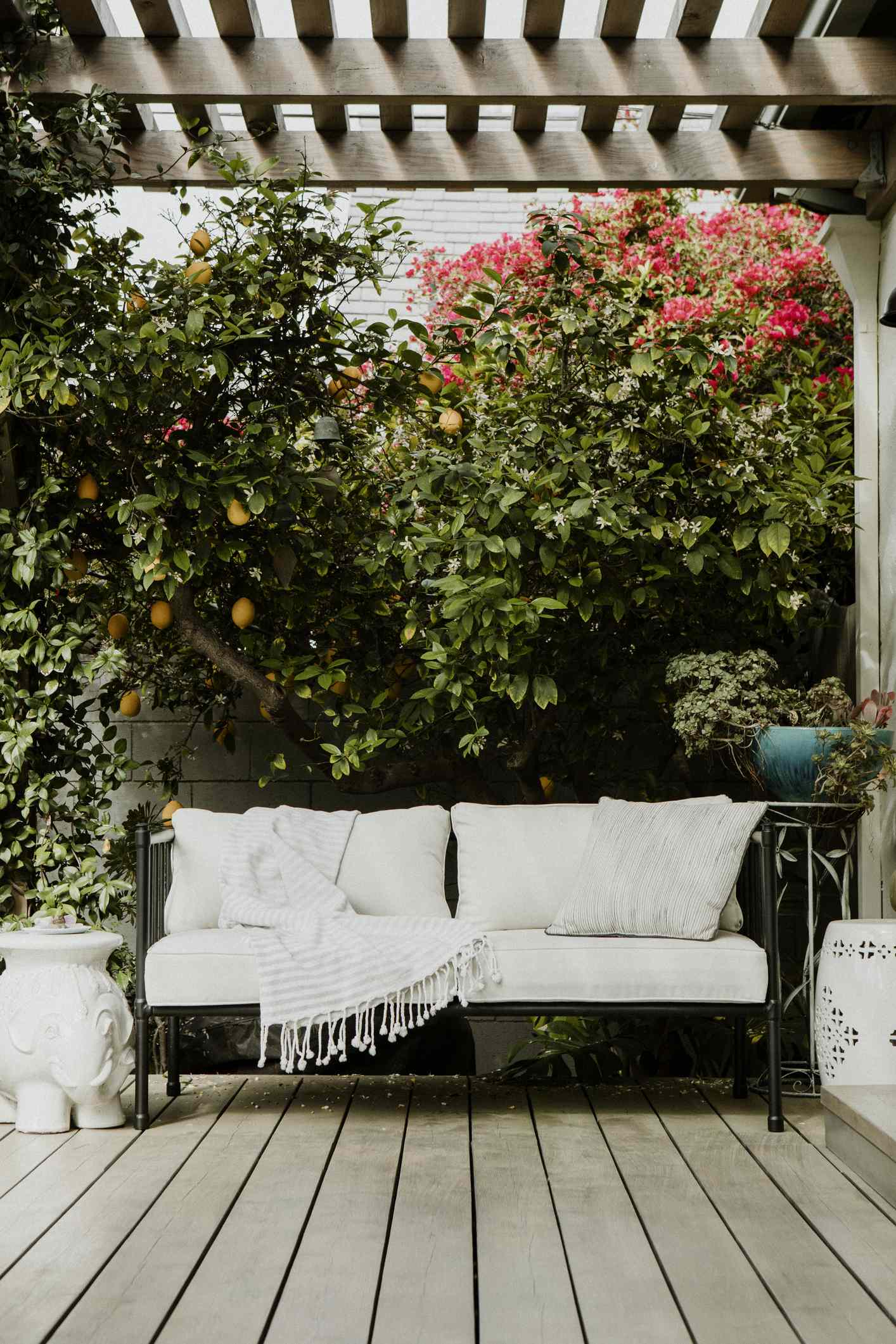 Outdoor seating area with a white bench framed by greenery and flowers