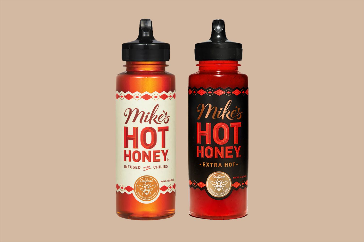 Mike's hot honey bottle on tan background