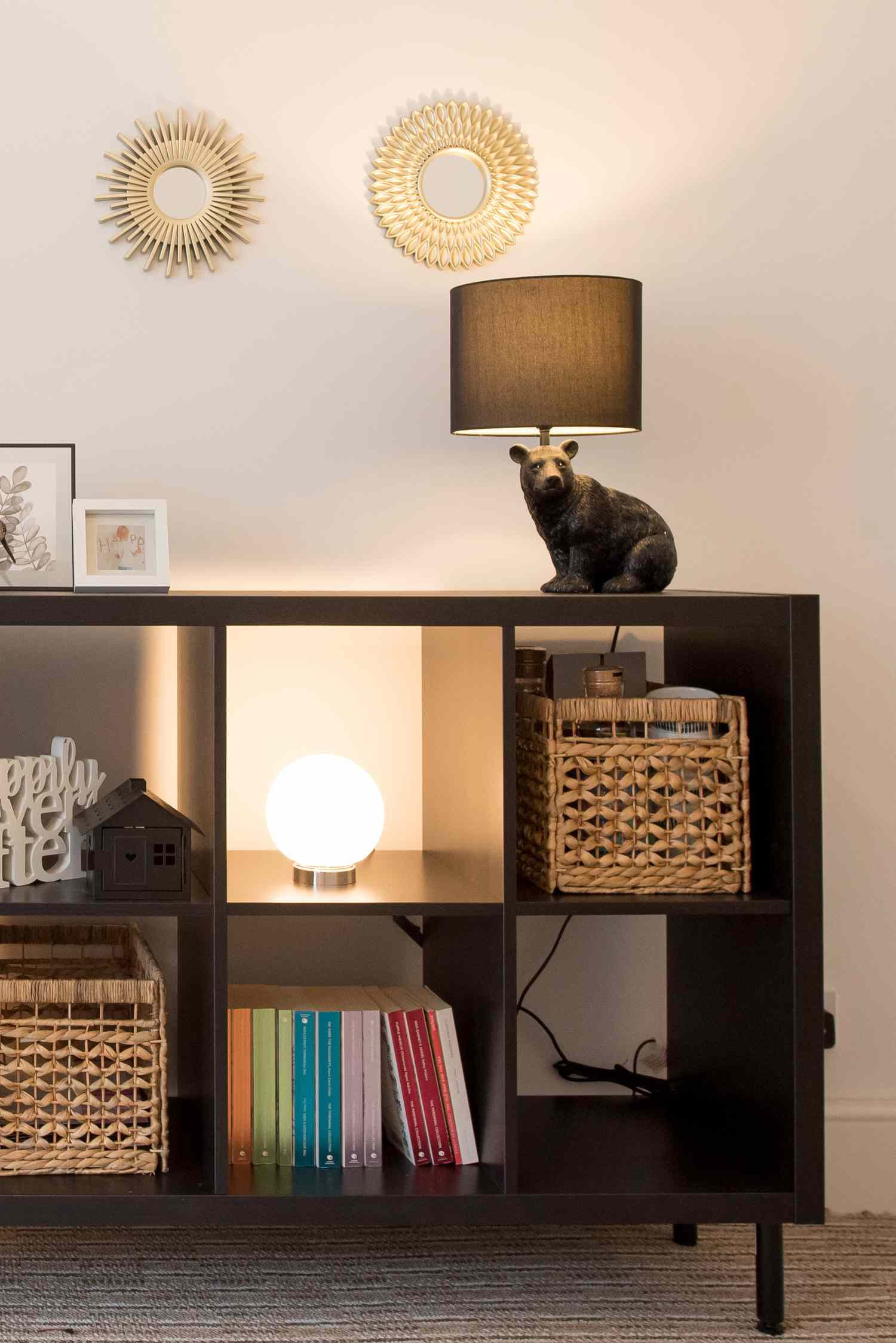 bookshelves with animal themed bear shaped table lamp