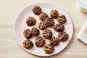 peanut butter no bake cookies served on a pink plate
