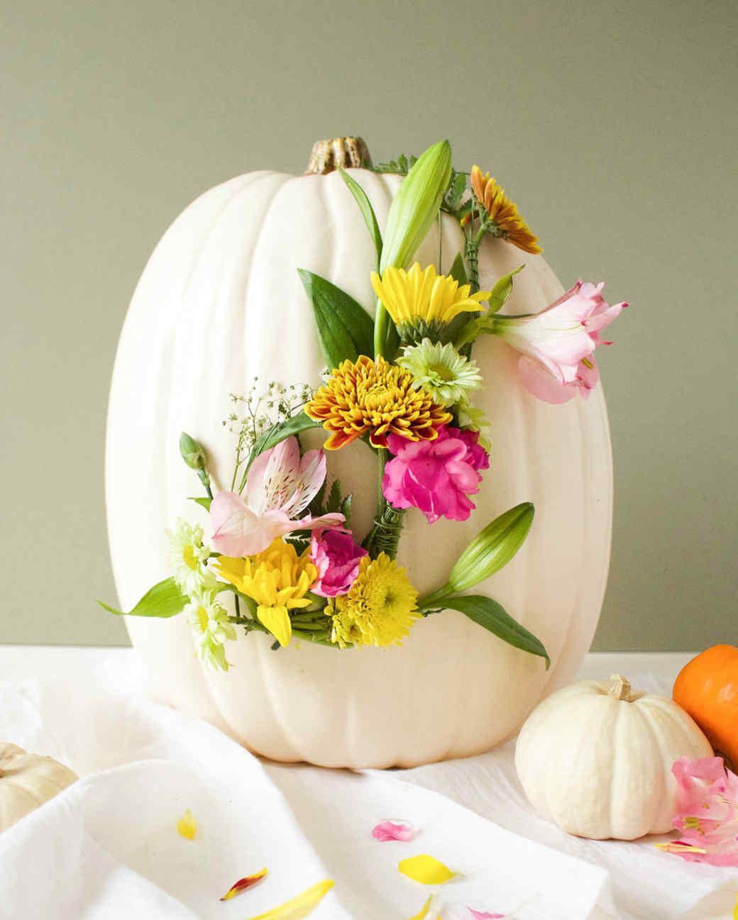 white pumpkin with floral monogram design