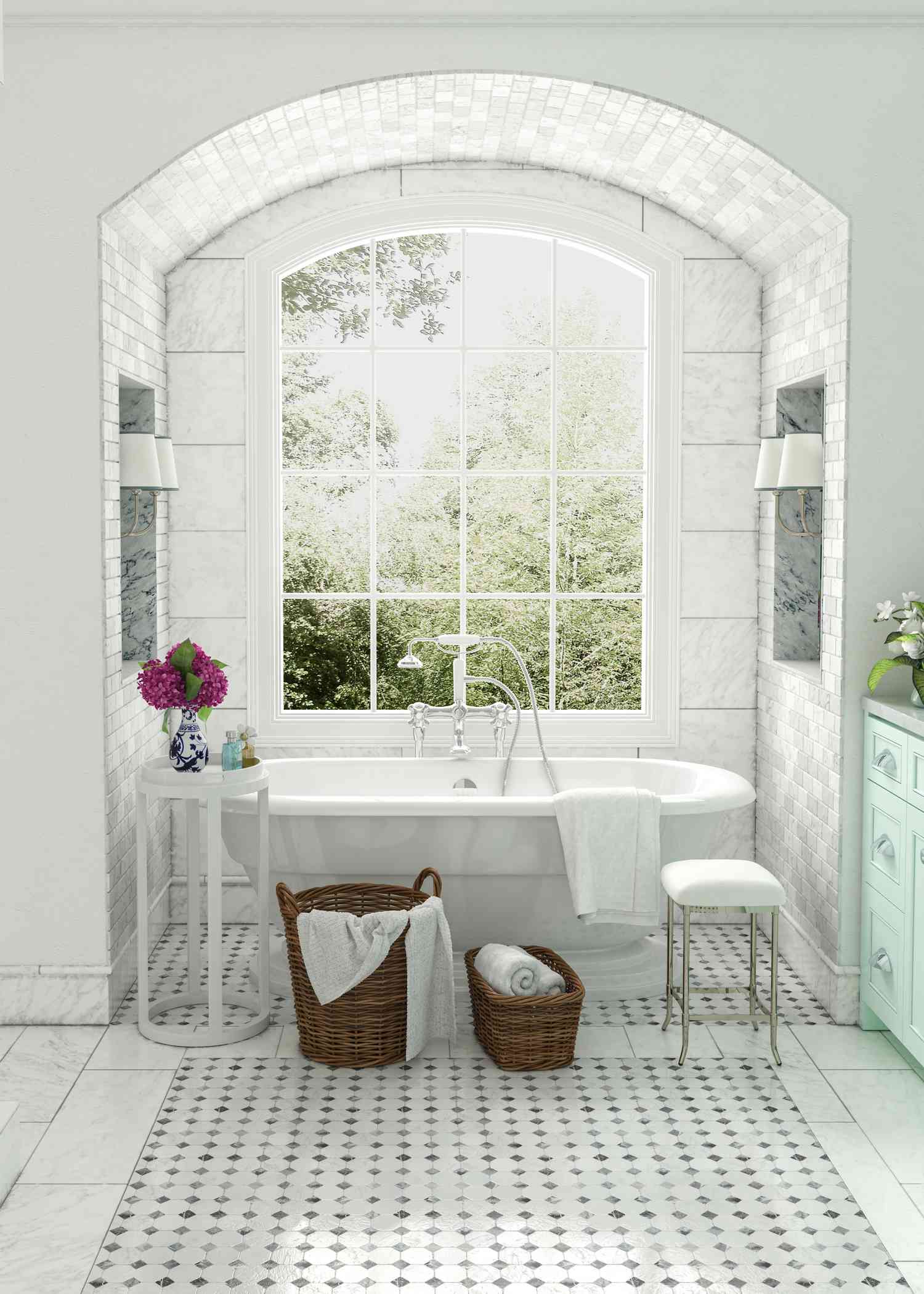 A tiled arched ceiling over the bath