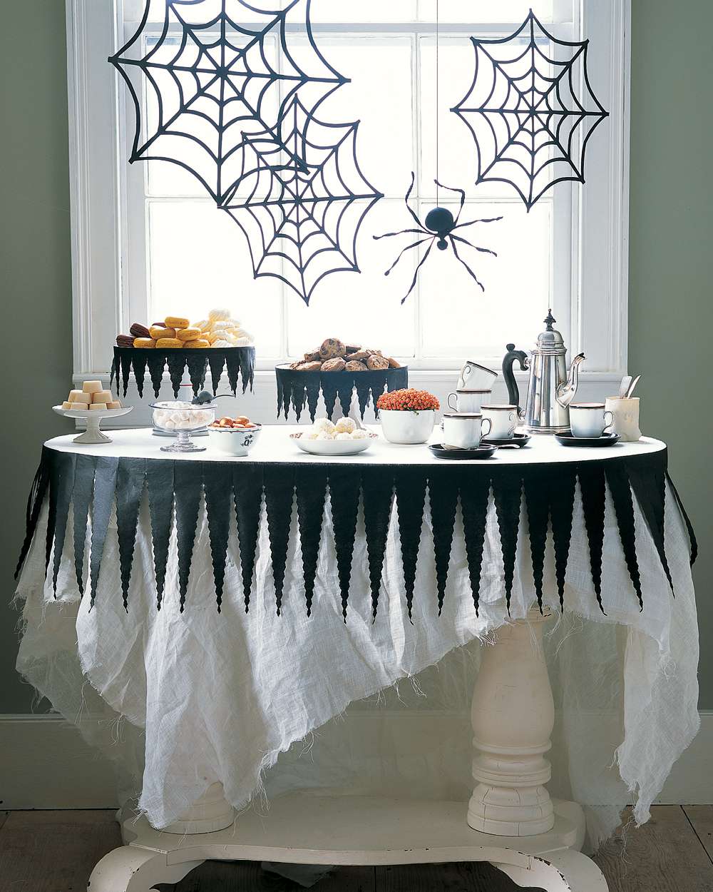 Halloween Tablecloth with Crafted Spider Decorations