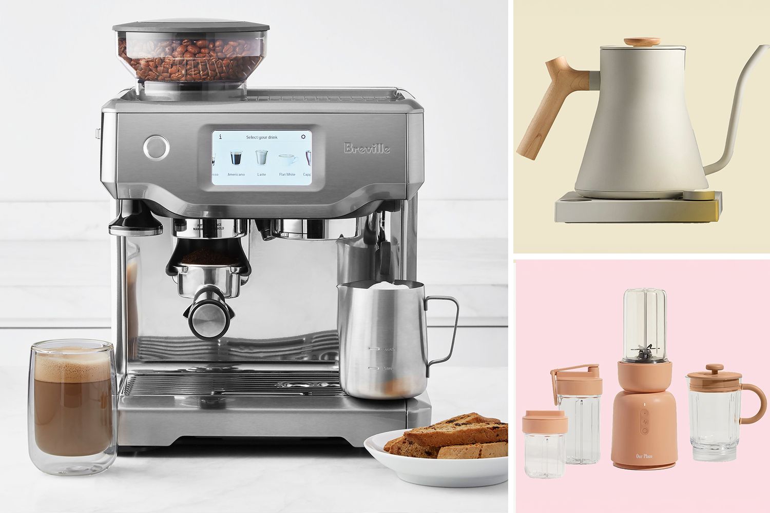 Various kitchen appliances shown including an espresso machine a kettle and a blender set