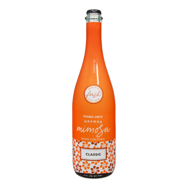 A bottle of Trader Joes Orange Mimosa wine cocktail