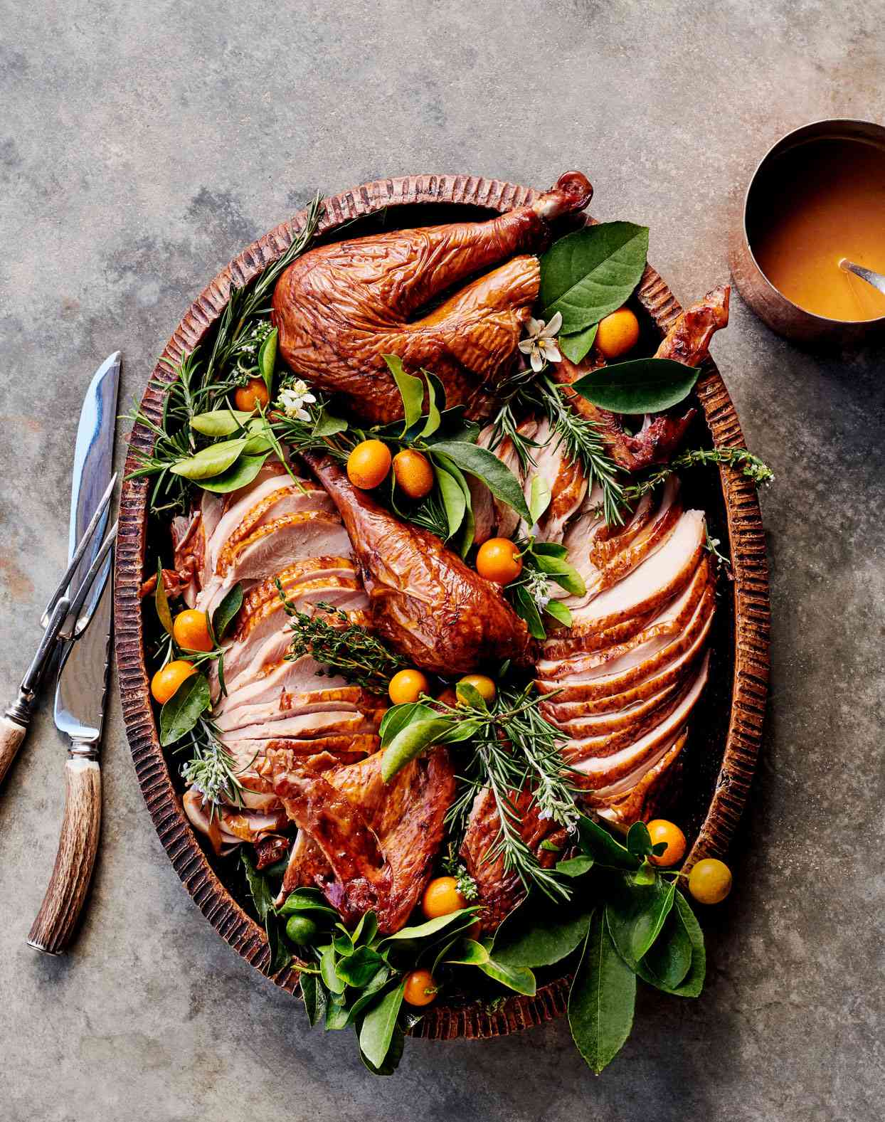 smokey turkey carved on platter