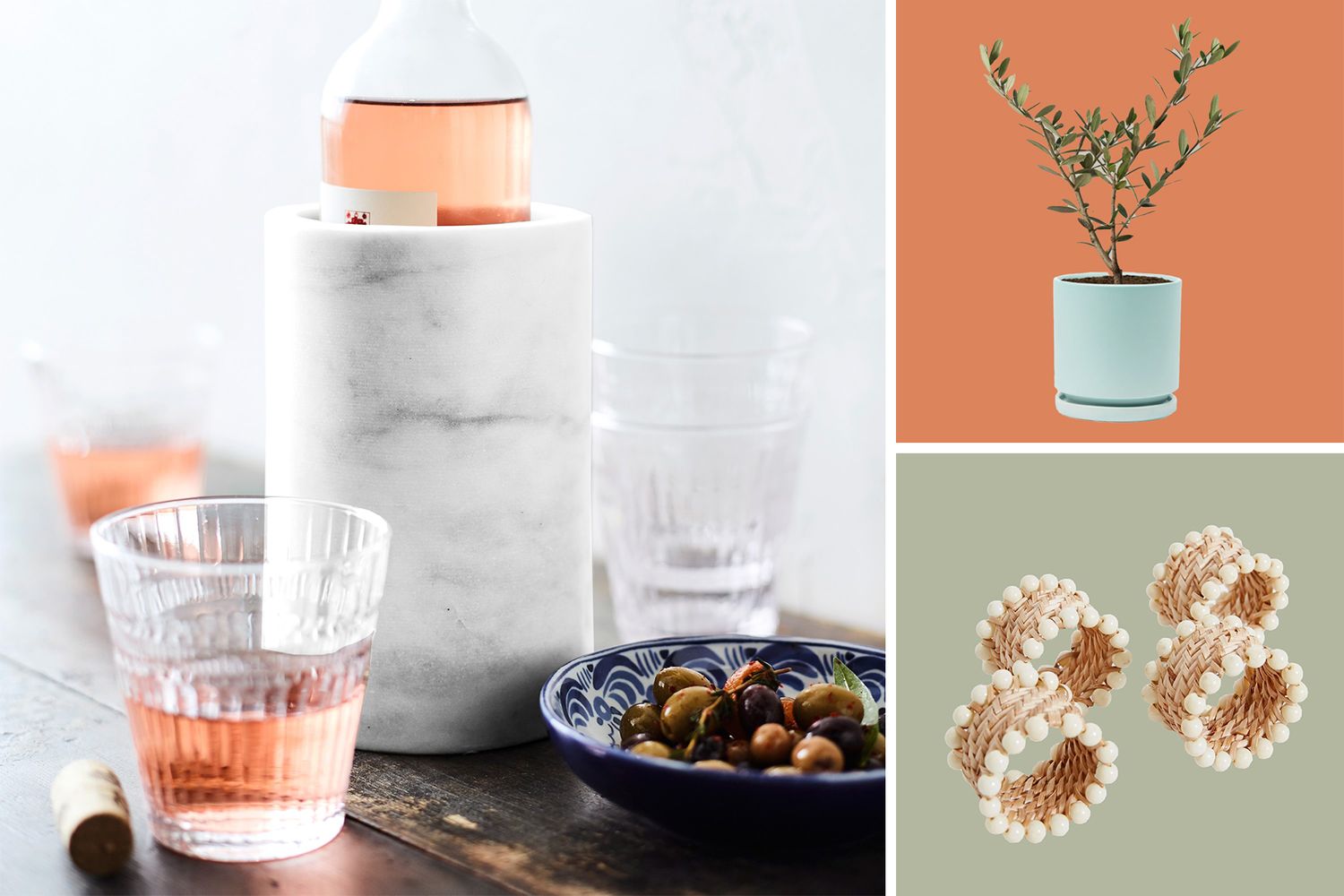 Collage showing a wine bottle in a marble holder glasses and snacks a potted plant and earrings