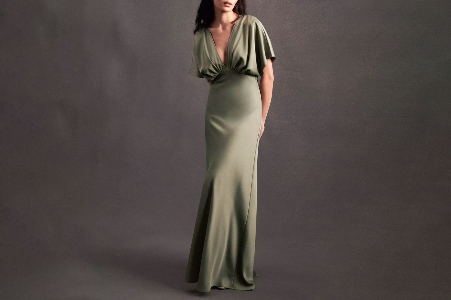 BHLDN Leila Deep-V Flutter-Sleeve Satin A-Line Gown