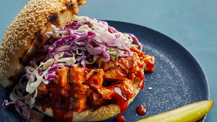 five-ingredient barbecue sauce on chopped barbecue-chicken sandwich
