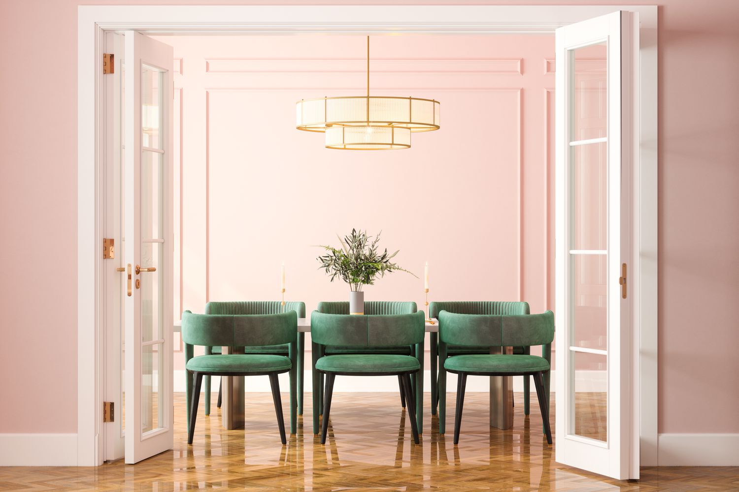 pink dining room with green accented chairs