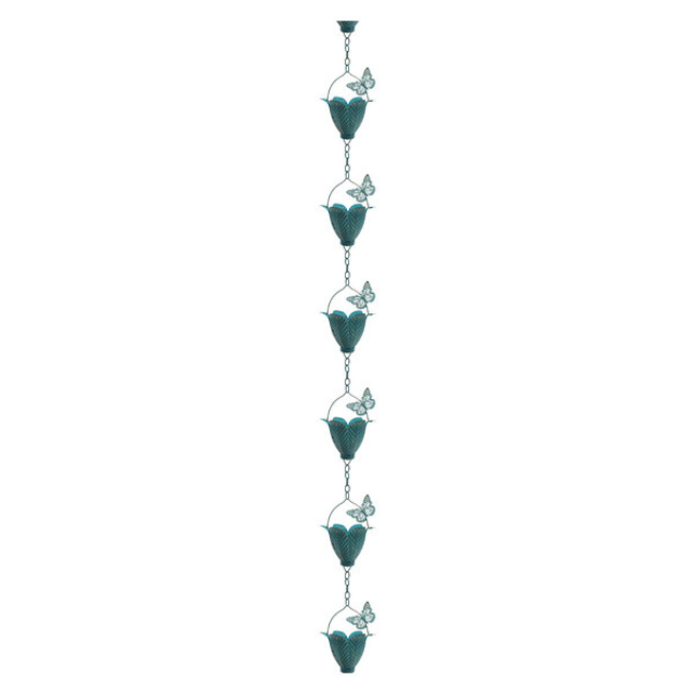 A decorative rain chain with a series of cuplike shapes connected vertically by links and adorned with butterfly details