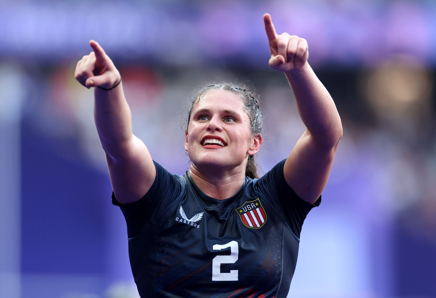 PARIS, FRANCE - JULY 30: Ilona Maher #2 of Team United States celebrates following victory during the Women's Rugby Sevens Bronze medal match between Team United States and Team Australia on day four of the Olympic Games Paris 2024 at Stade de France on July 30, 2024 in Paris, France. (Photo by Cameron Spencer/Getty Images)