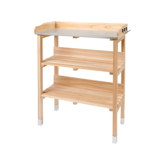 Wooden utility shelving unit with three tiers and a steel top edge