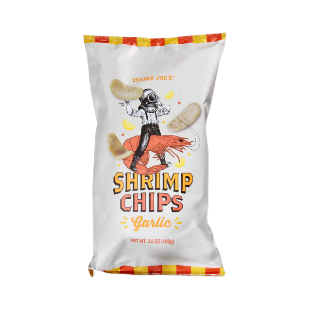 A Trader Joes garlicflavored shrimp chips snack package