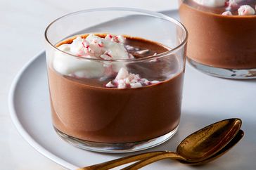 vegan chocolate pudding topped with candy canes